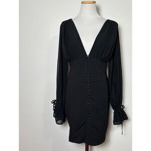 Windsor Gothic Vamp Mini‎ Dress Medium Sheer Sleeve Plunge Bodycon V-Neck Black
